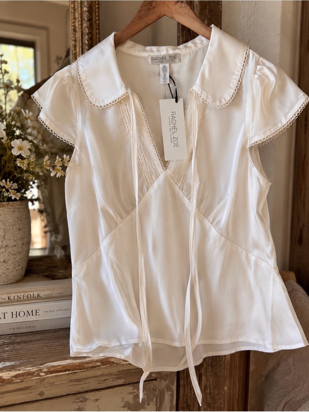 NWT Rachel Zoe Romantic Ivory Silky Lace Tie-Neck Blouse M